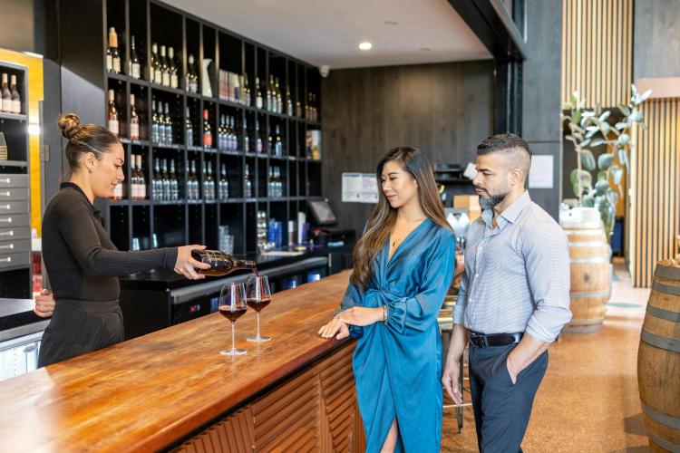 two adults enjoying a wine tasting in a cellar door