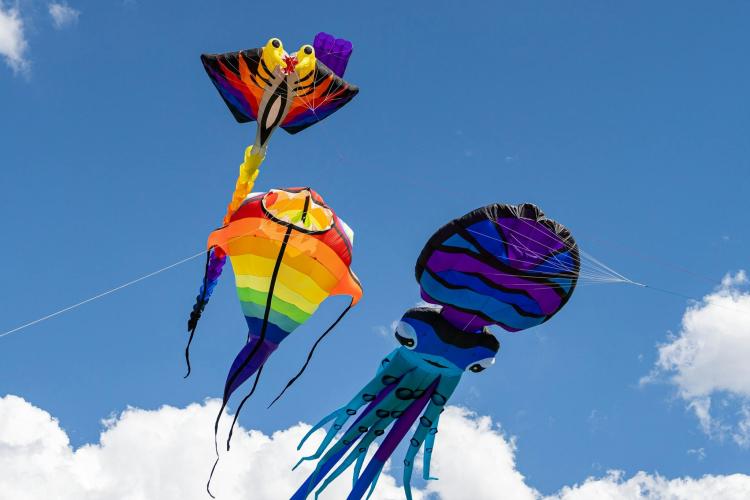 Three large colourful kites with tails in the air against a blue sky