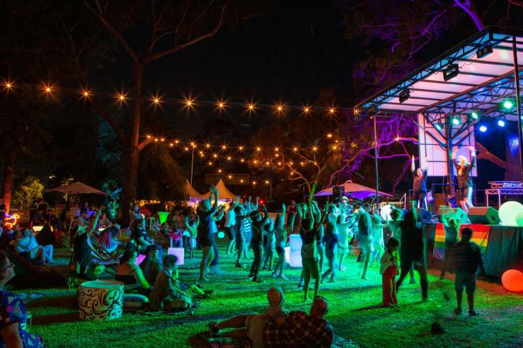 audience dancing in front of stage at night