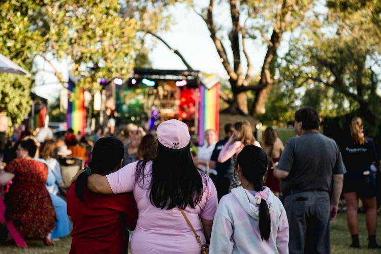 audience standing in park watching stage